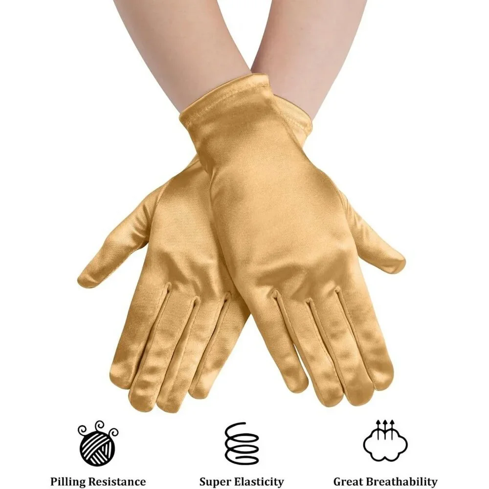 Women's Formal Short Gold Satin Gloves Bridal Wedding Banquet Party Costume